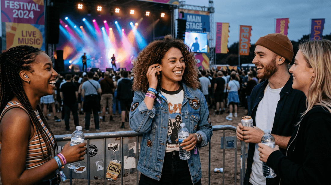 Friends wearing earplugs at lively concert