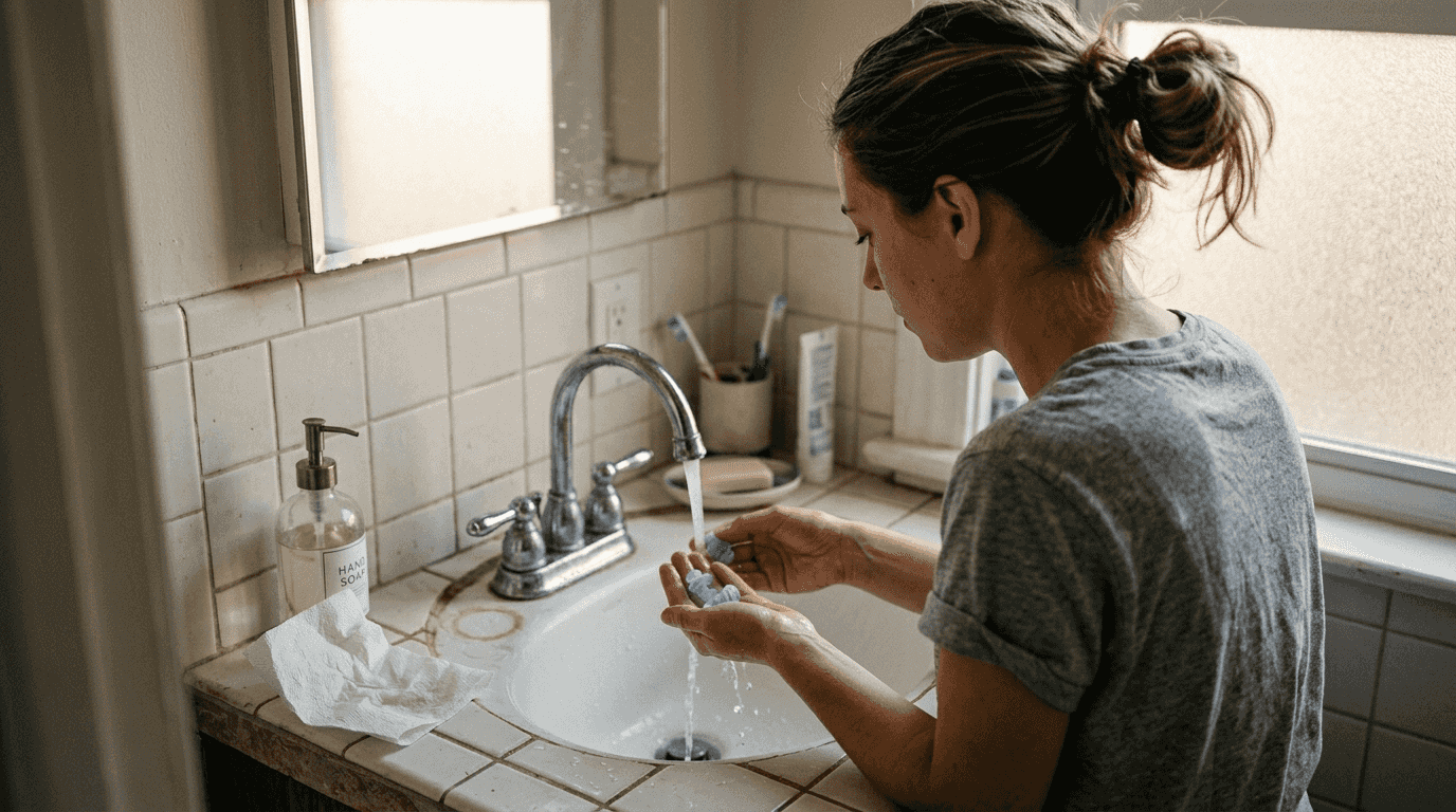 Woman cleaning earplugs at bathroom sink