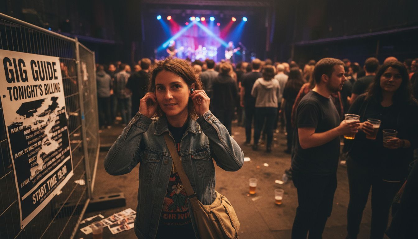 Woman uses earplugs at indoor concert
