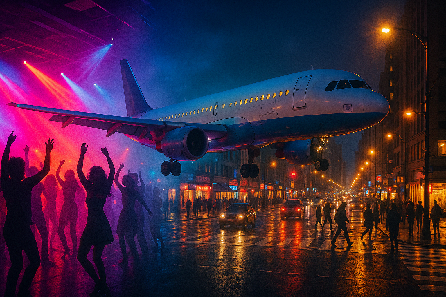 Night club, aeroplane, busy street, all these environments in 1 picture 