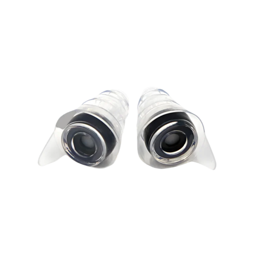 Front view of two clear Tone-Filter earplugs showing their acoustic filters