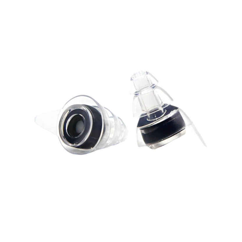 A pair of clear Jett Maxwell Tone-Filter earplugs with dark acoustic filters